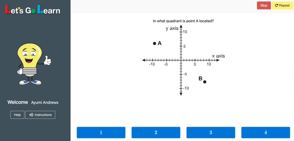 ADAM Diagnostic Assessment Coordinate Plane Screenshot