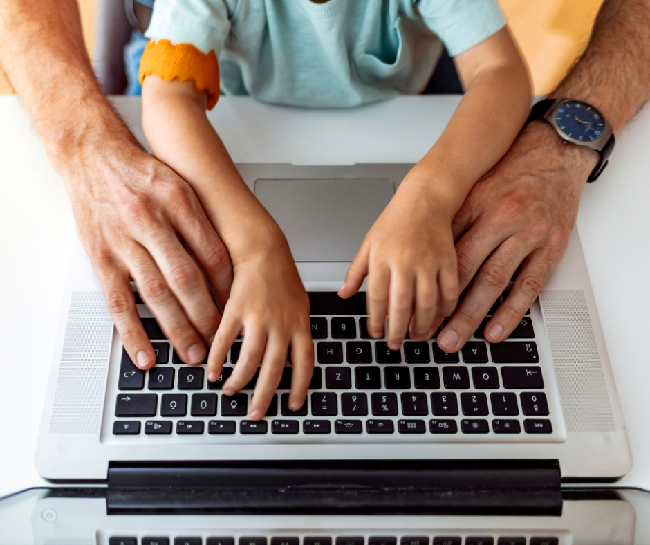 Parent helping child with disability.