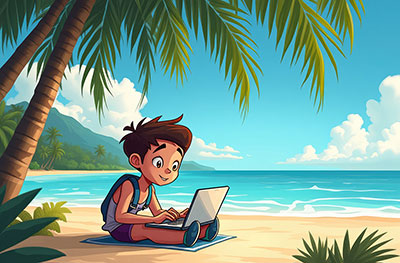 Cartoon-Kid-on-Laptop-at-Beach_336358002sm Kid Working on Laptop at the Beach-Cartoon